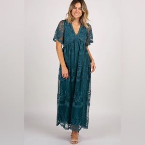 Dark Turquoise Lace Mesh Overlay Maxi Dress. Size: L